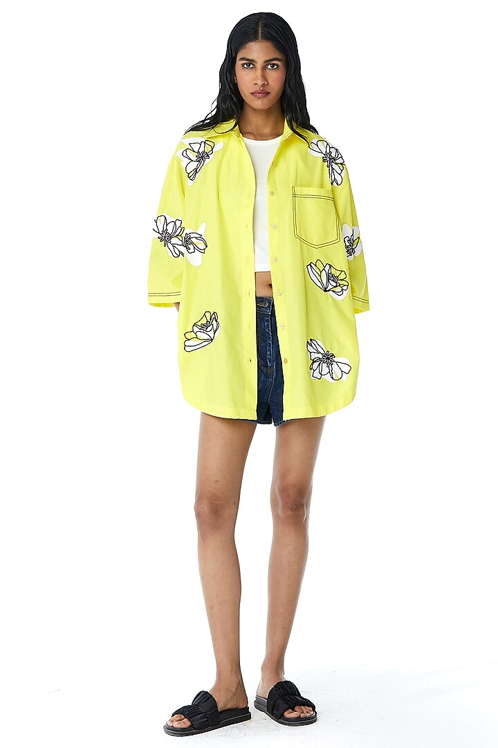 Yellow Cotton Faux Leather Applique Shirt by Kanika Goyal at Pernia's Pop Up Shop