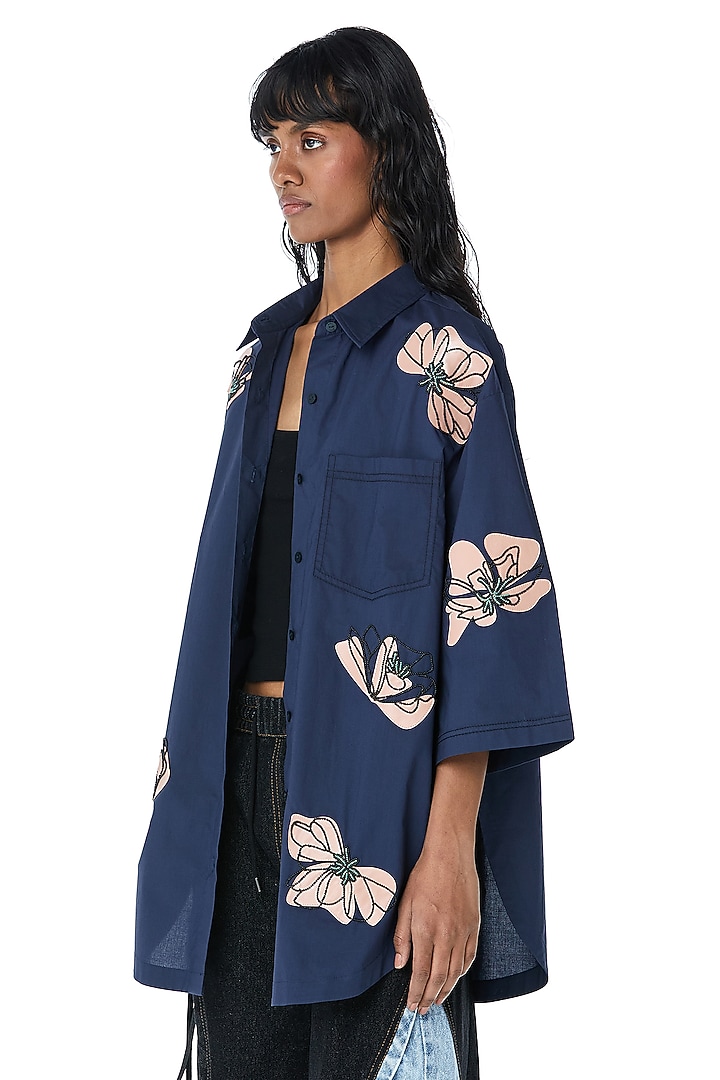 Navy Cotton Faux Leather Applique Shirt by Kanika Goyal at Pernia's Pop Up Shop