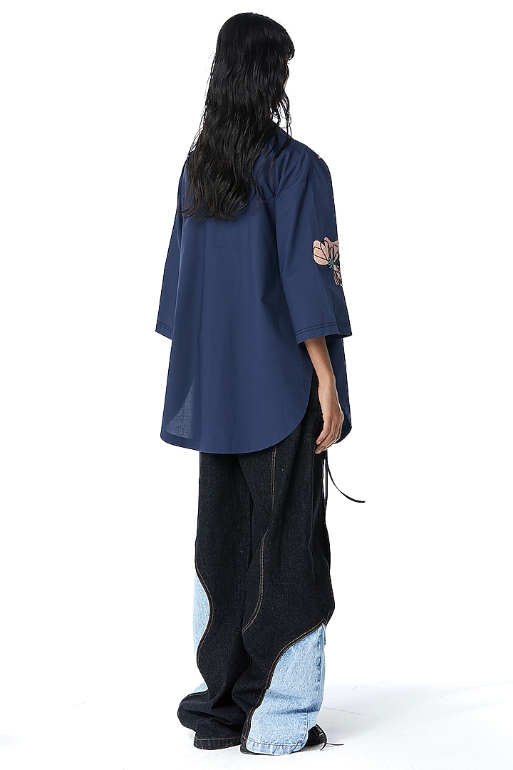 Navy Cotton Faux Leather Applique Shirt by Kanika Goyal at Pernia's Pop Up Shop