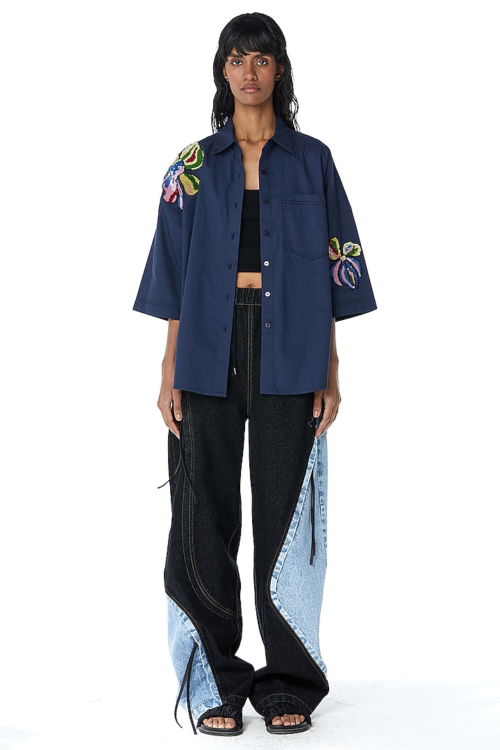 Navy Cotton Faux Leather Applique Shirt by Kanika Goyal at Pernia's Pop Up Shop