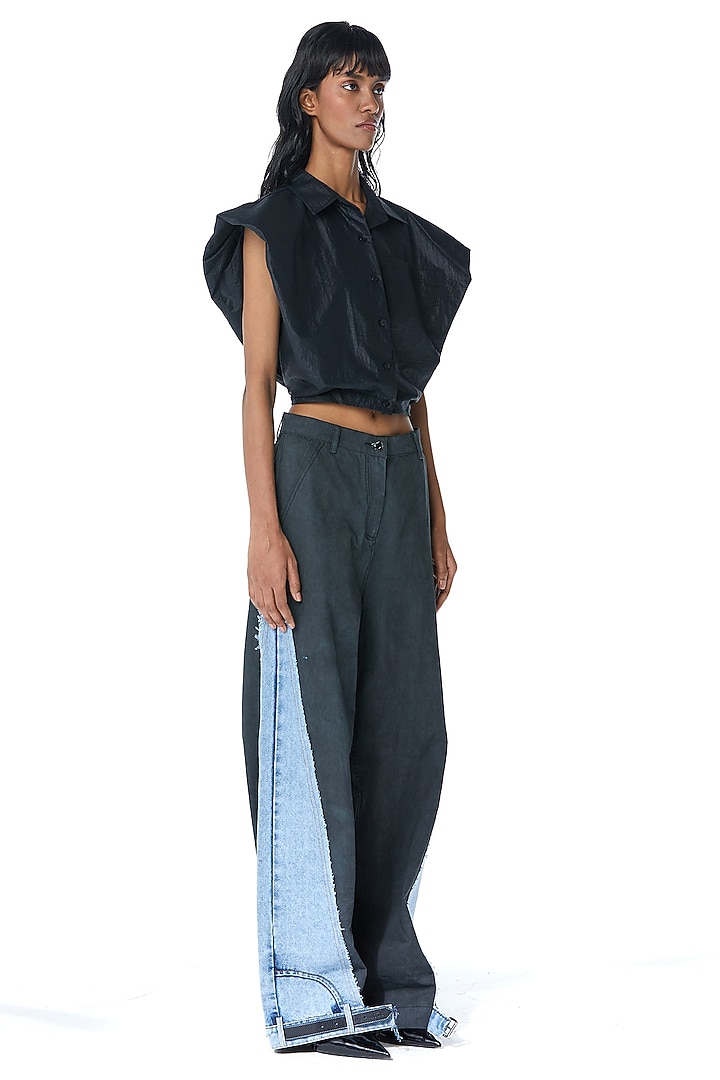 Black Cotton Cropped Shirt by Kanika Goyal at Pernia's Pop Up Shop