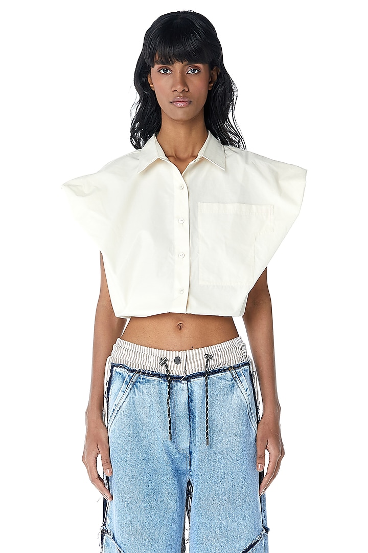 Off-White Cotton Cropped Shirt by Kanika Goyal at Pernia's Pop Up Shop