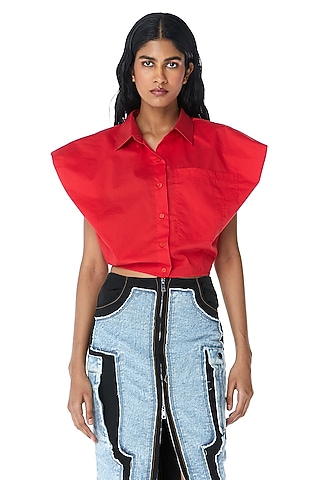 Red Cotton Cropped Shirt by kanika goyal