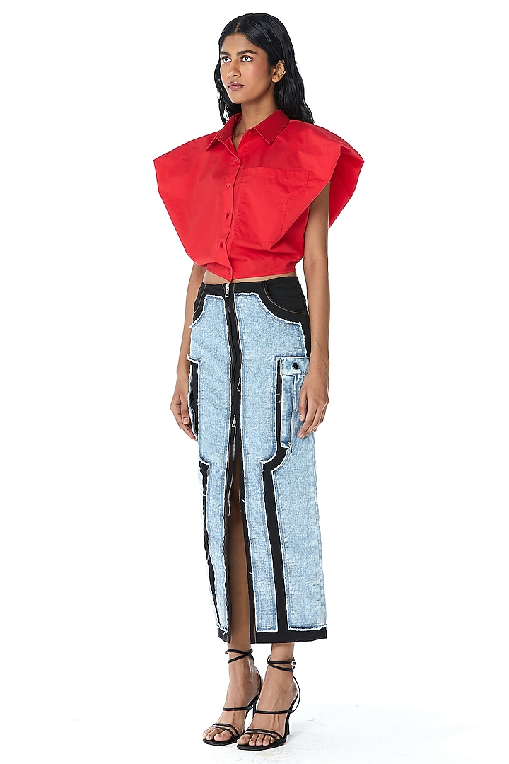 Red Cotton Cropped Shirt by Kanika Goyal at Pernia's Pop Up Shop