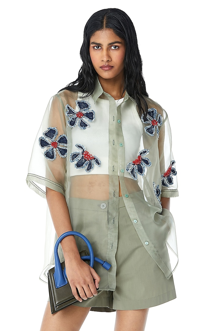 Green Organza Embellished Shirt by Kanika Goyal at Pernia's Pop Up Shop