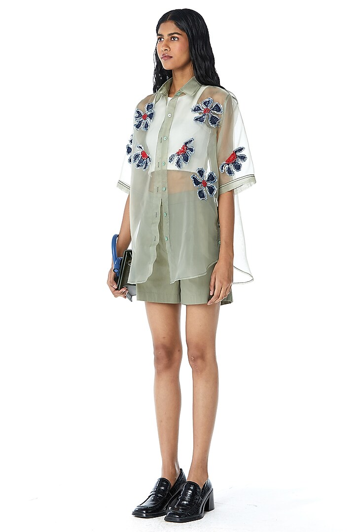 Green Organza Embellished Shirt by Kanika Goyal at Pernia's Pop Up Shop