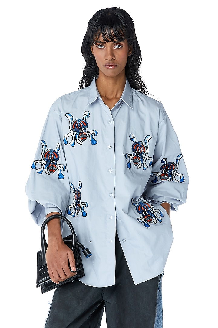 Blue Cotton Embellished Oversized Shirt by Kanika Goyal at Pernia's Pop Up Shop