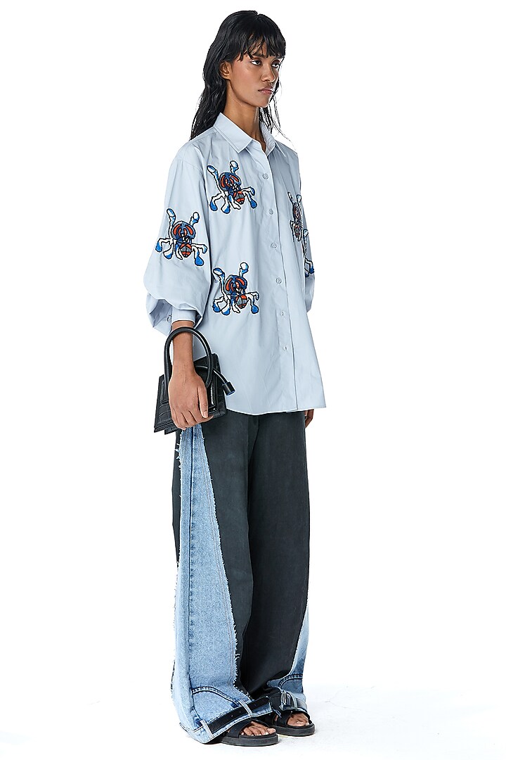Blue Cotton Embellished Oversized Shirt by Kanika Goyal at Pernia's Pop Up Shop