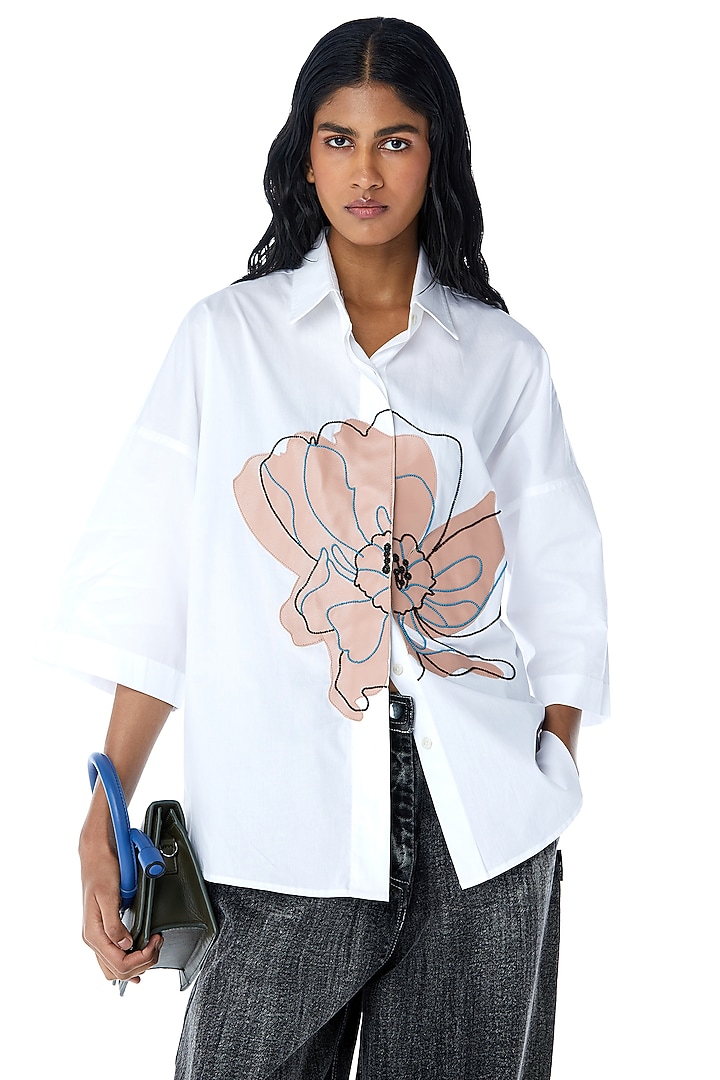 White Cotton Leather Applique & Embellished Shirt by Kanika Goyal at Pernia's Pop Up Shop