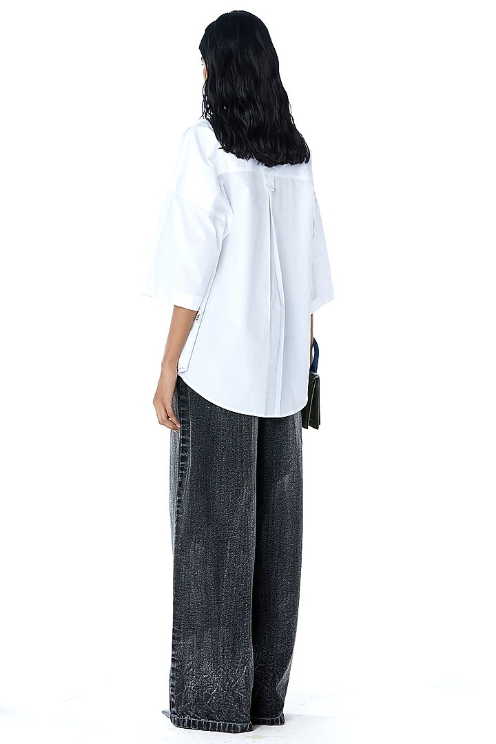White Cotton Leather Applique & Embellished Shirt by Kanika Goyal at Pernia's Pop Up Shop
