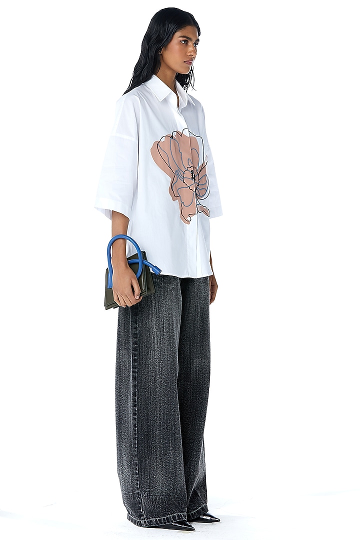 White Cotton Leather Applique & Embellished Shirt by Kanika Goyal at Pernia's Pop Up Shop