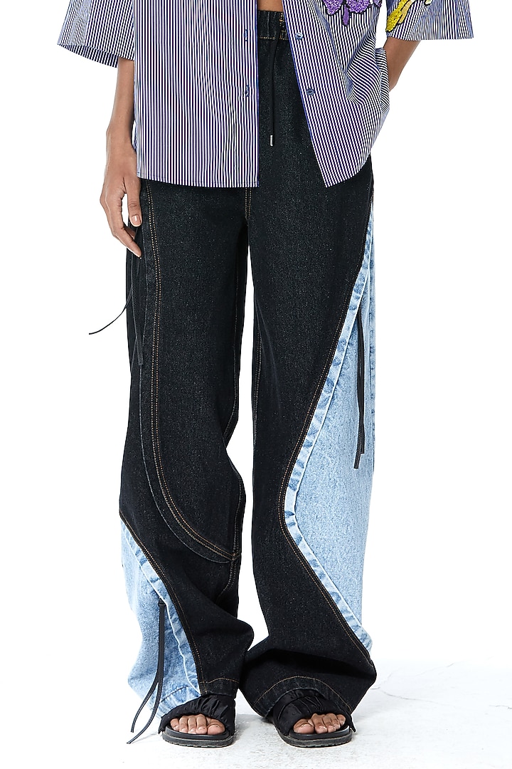Blue Cotton Color-Blocked Baggy Denim Pants by Kanika Goyal at Pernia's Pop Up Shop