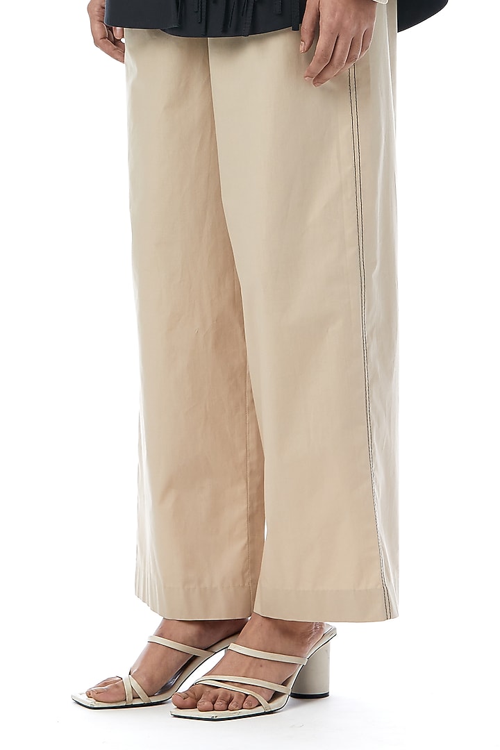 Beige Cotton Straight Pants by Kanika Goyal at Pernia's Pop Up Shop