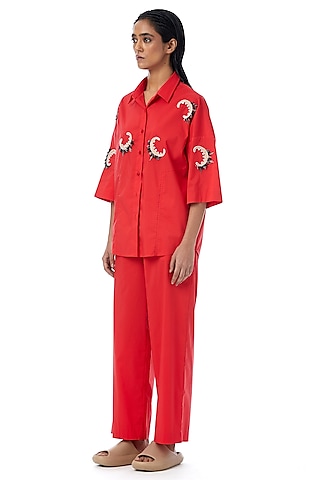Red Cotton Straight Pants by Kanika Goyal