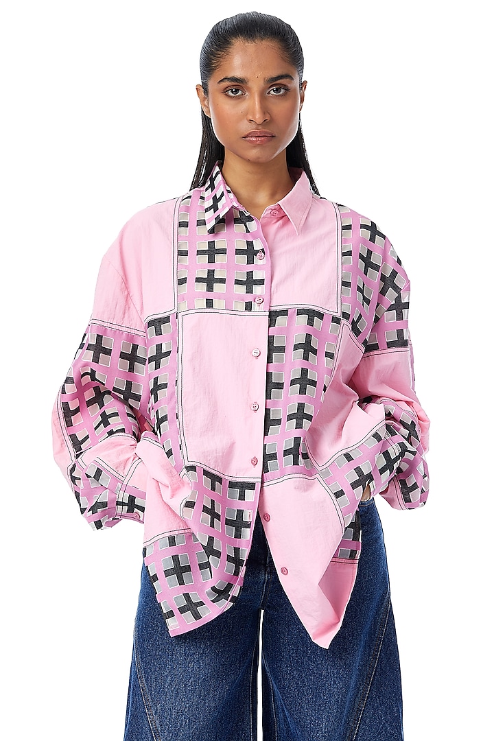 Pink Cotton Grid-Blocked Shirt by Kanika Goyal at Pernia's Pop Up Shop