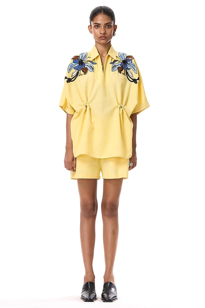 Yellow Linen Embellished Shirt by Kanika Goyal at Pernia's Pop Up Shop