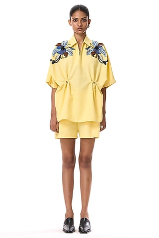Yellow Linen Embellished Shirt by Kanika Goyal