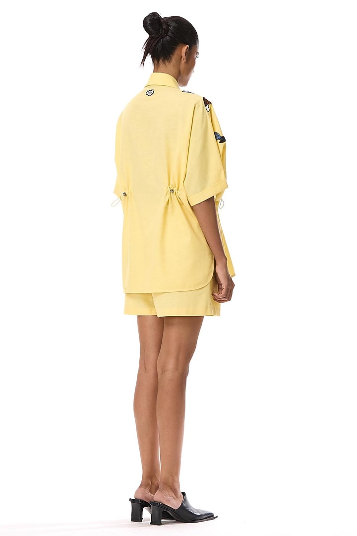 Yellow Linen Embellished Shirt by Kanika Goyal at Pernia's Pop Up Shop