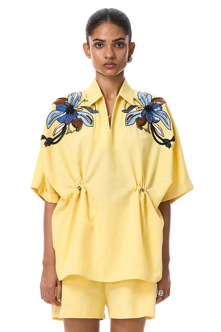 Yellow Linen Embellished Shirt by Kanika Goyal at Pernia's Pop Up Shop