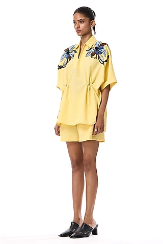 Yellow Linen Blend Shorts by Kanika Goyal