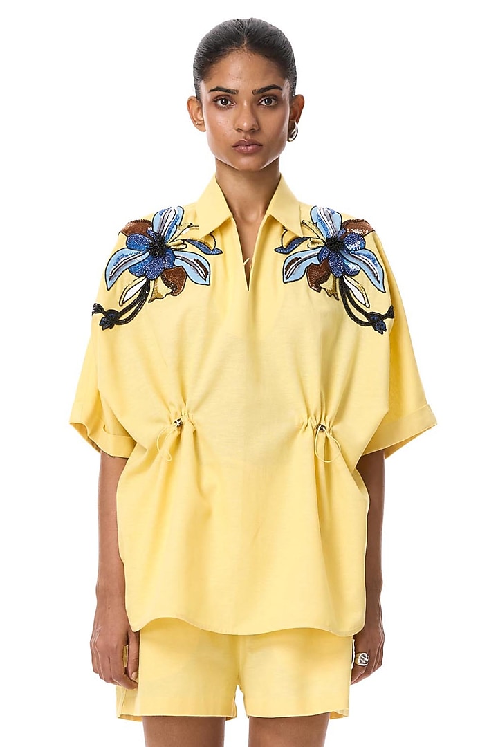 Yellow Linen Blend Shorts by Kanika Goyal at Pernia's Pop Up Shop