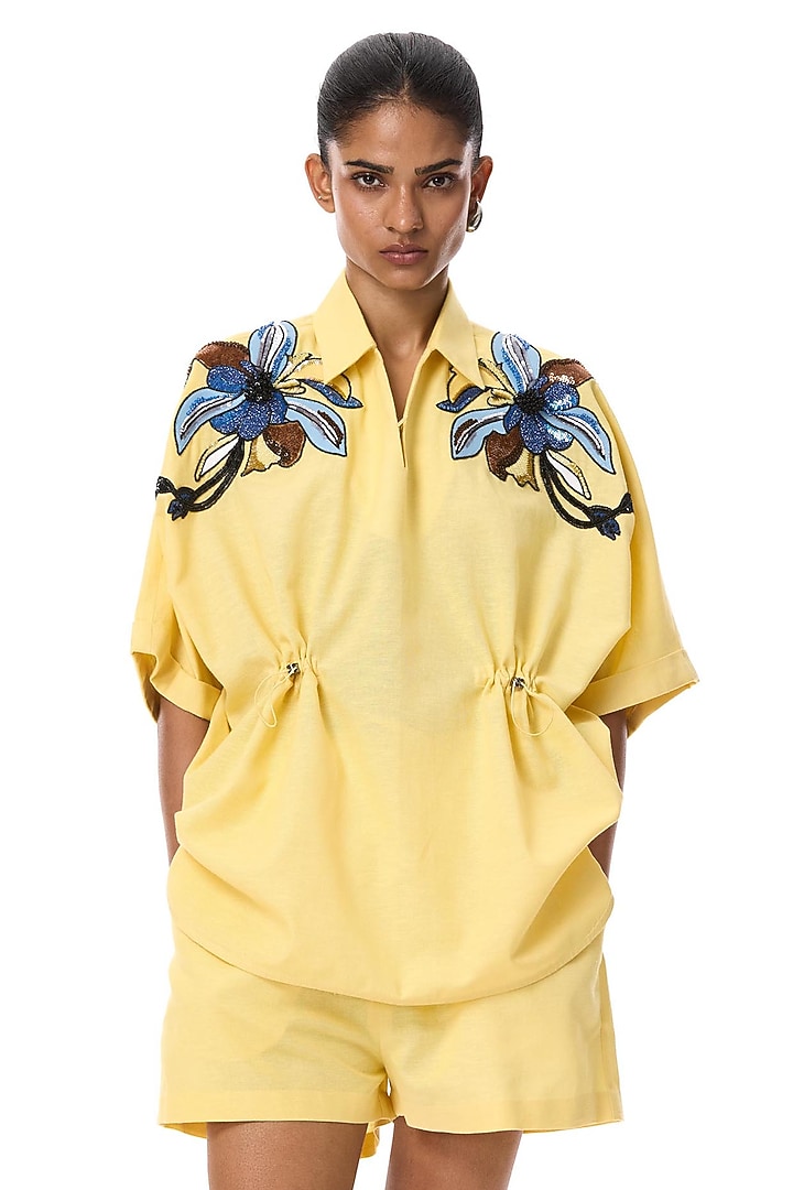 Yellow Linen Blend Shorts by Kanika Goyal at Pernia's Pop Up Shop