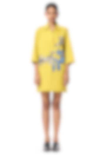 Yellow Cotton Hand Embellished Shirt Vacation Dress by Kanika Goyal at Pernia's Pop Up Shop