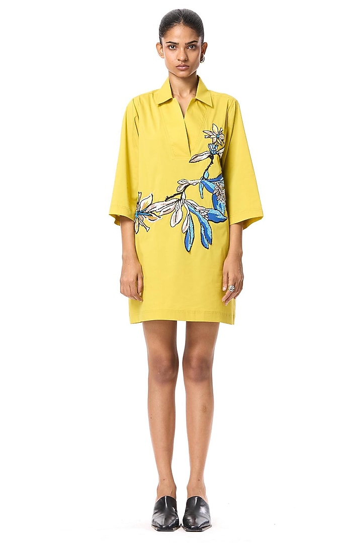 Yellow Cotton Hand Embellished Shirt Vacation Dress by Kanika Goyal at Pernia's Pop Up Shop