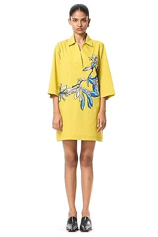 Yellow Cotton Hand Embellished Shirt Dress by Kanika Goyal