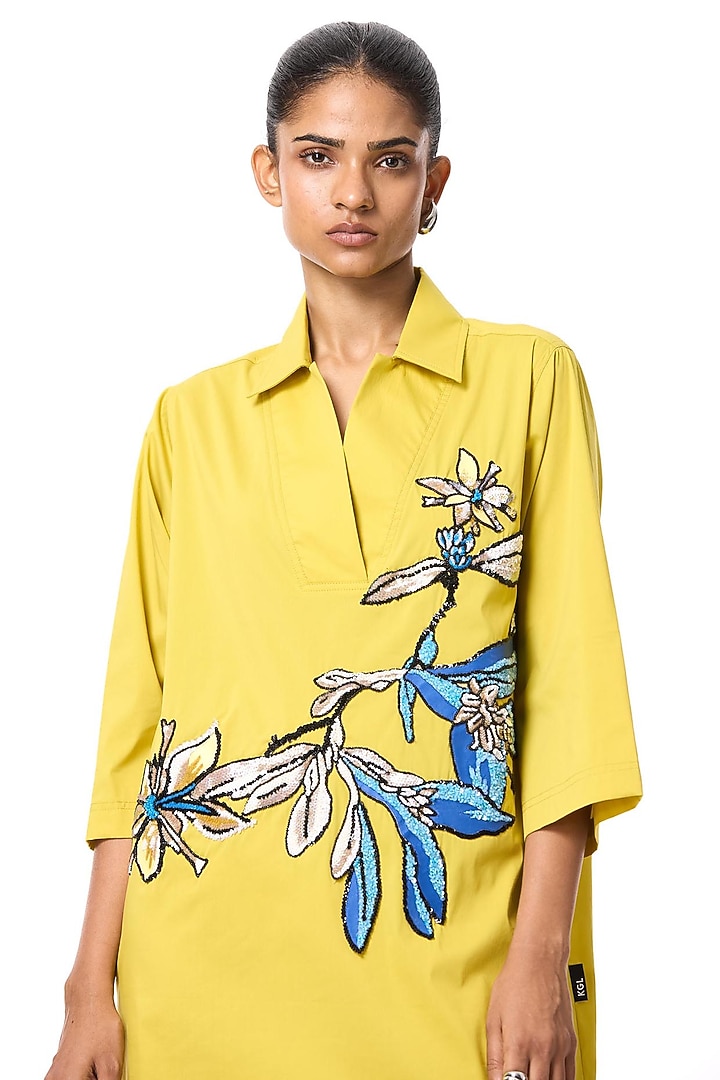 Yellow Cotton Hand Embellished Shirt Vacation Dress by Kanika Goyal at Pernia's Pop Up Shop