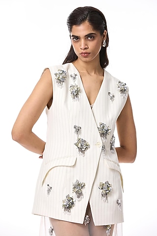 Ivory Polyester Hand Embellished Blazer by Kanika Goyal