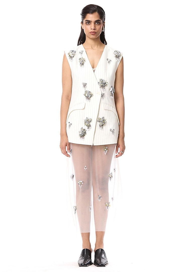 Ivory Polyester Hand Embellished Blazer by Kanika Goyal at Pernia's Pop Up Shop