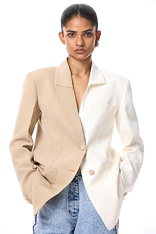 Ivory & Beige Polyester Blazer by Kanika Goyal