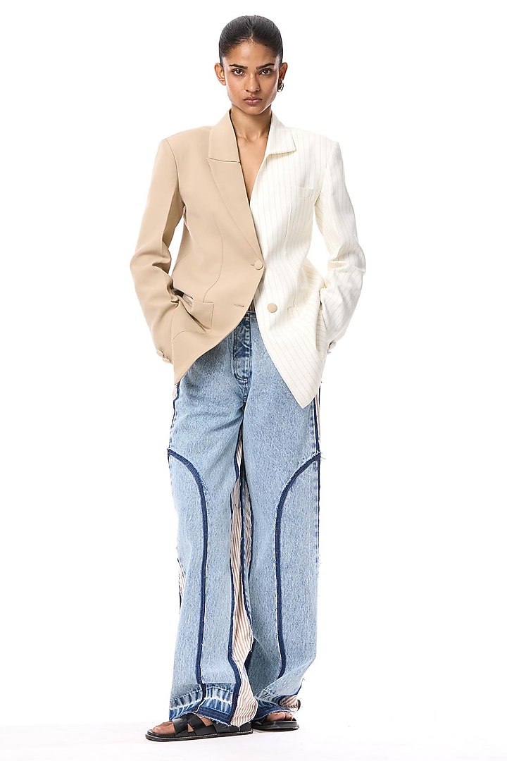 Ivory & Beige Polyester Blazer by Kanika Goyal at Pernia's Pop Up Shop