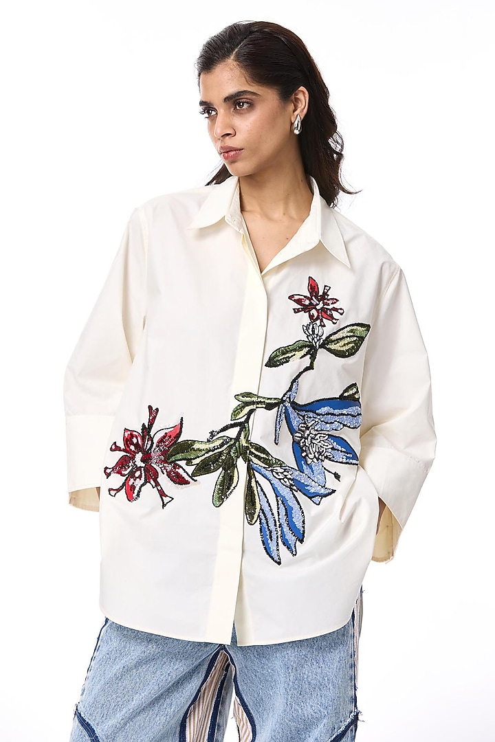 White Cotton Embellished Shirt by Kanika Goyal at Pernia's Pop Up Shop