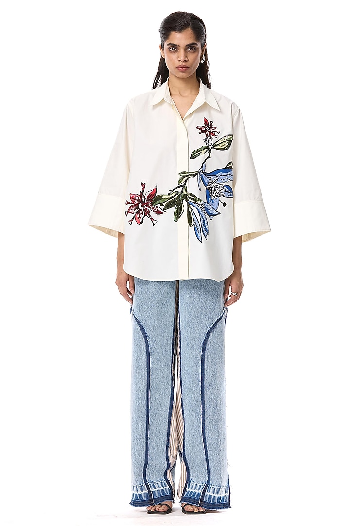 White Cotton Embellished Shirt by Kanika Goyal at Pernia's Pop Up Shop