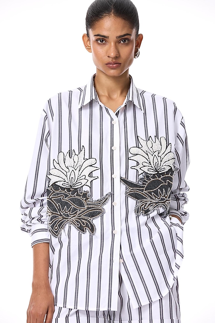 Beige & Black Cotton Hand Embellished Shirt by Kanika Goyal at Pernia's Pop Up Shop