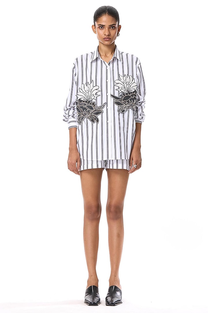 Beige & Black Cotton Hand Embellished Shirt by Kanika Goyal at Pernia's Pop Up Shop