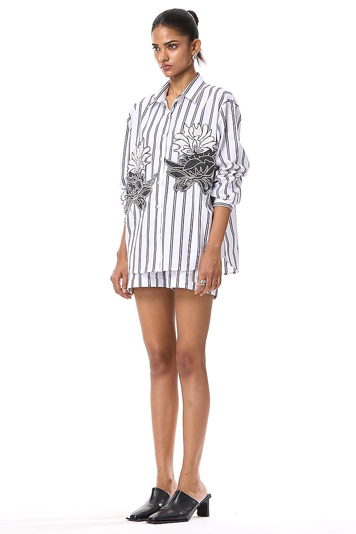 Beige & Black Cotton Striped Shorts by Kanika Goyal at Pernia's Pop Up Shop