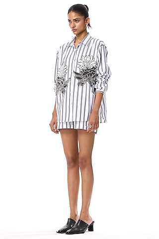 Beige & Black Cotton Striped Shorts by Kanika Goyal