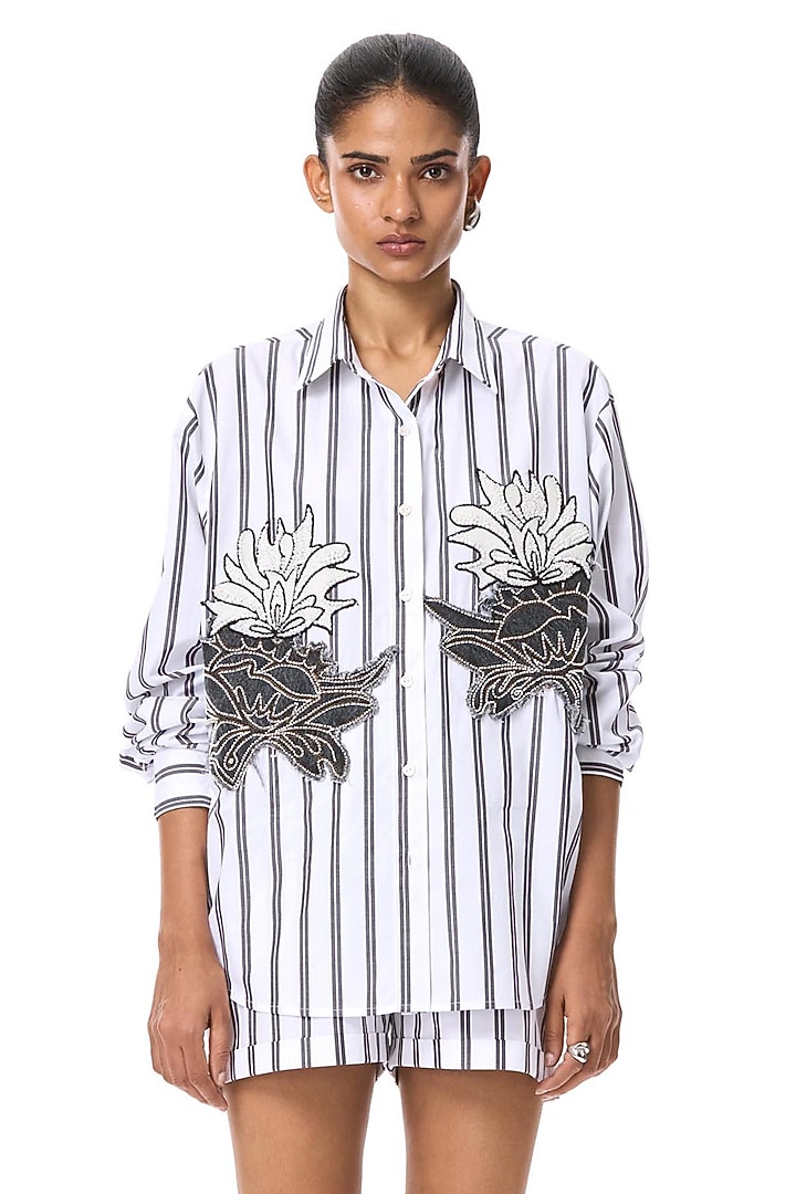 Beige & Black Cotton Striped Shorts by Kanika Goyal at Pernia's Pop Up Shop