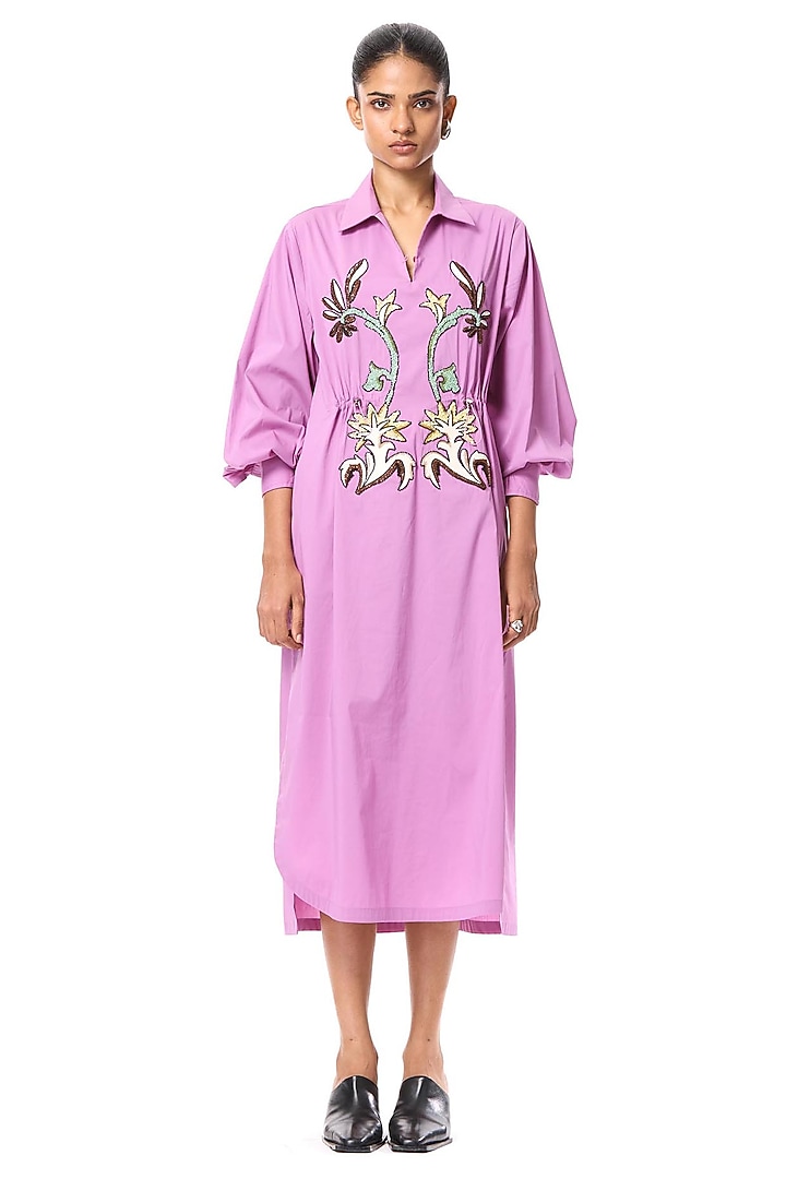 Pink Cotton Hand Embellished Shirt Vacation Dress by Kanika Goyal at Pernia's Pop Up Shop