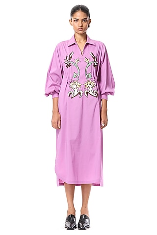 Pink Cotton Hand Embellished Shirt Dress by Kanika Goyal