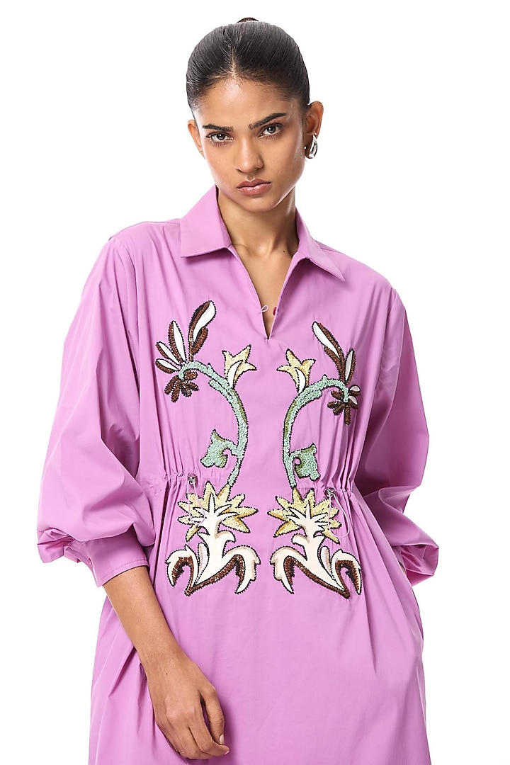 Pink Cotton Hand Embellished Shirt Cocktail Dress by Kanika Goyal at Pernia's Pop Up Shop