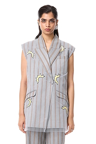 Grey Polyester Embellished Striped Blazer by Kanika Goyal