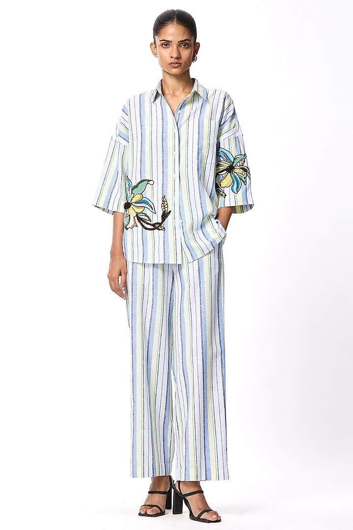 Multi-Colored Linen Blend Embellished Striped Co-Ord Set by Kanika Goyal at Pernia's Pop Up Shop