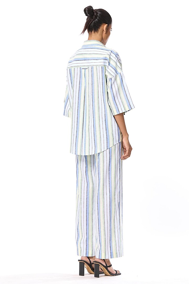 Multi-Colored Linen Blend Embellished Striped Co-Ord Set by Kanika Goyal at Pernia's Pop Up Shop