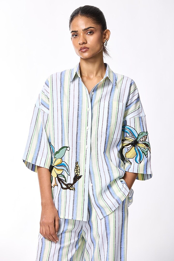 Multi-Colored Linen Blend Embellished Striped Co-Ord Set by Kanika Goyal at Pernia's Pop Up Shop