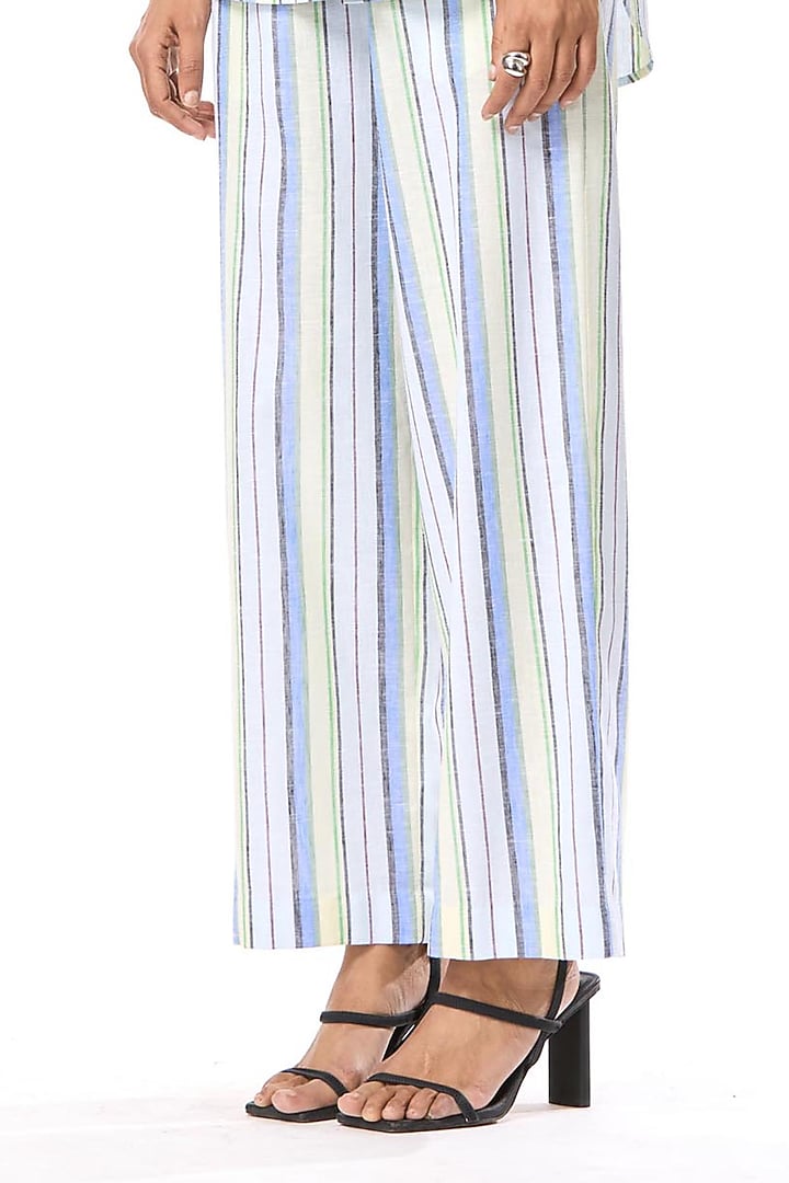 Multi-Colored Linen Blend Embellished Striped Co-Ord Set by Kanika Goyal at Pernia's Pop Up Shop