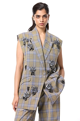 Grey Polyester Embellished Blazer by Kanika Goyal